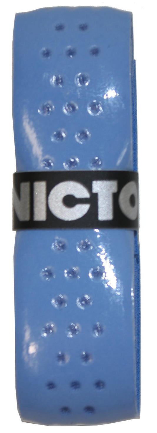 A blue Victor Soft Grip Replacement Badminton Grip, featuring perforations and held together by a black band with white lettering, delivers an enhanced feel.