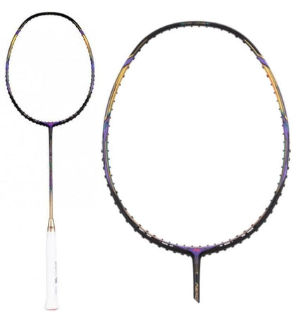 The Li-Ning Aeronaut 9000 Instinct Badminton Racket is highlighted in a multicolored design, predominantly black with striking purple and gold accents, complemented by a white handle. The image displays the complete racket alongside a detailed view of its Dynamic-Optimum Frame.