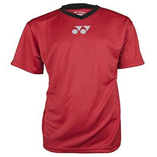 The Yonex YT1000EX Red Men's Badminton T-Shirt is a sporty garment made from breathable polyester. It sports a small white logo at the center and includes a sleek black collar, delivering a simple yet stylish design ideal for any sports enthusiast.