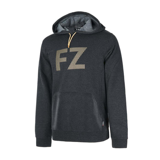 Introducing the FZ Forza Mite Hooded Sweater in Black Grey: a badminton hoodie crafted from dryforze fabric, featuring anti-shrink technology and a subtle texture. This relaxed-fit hoodie includes a front pocket and showcases the "FZ" letters in a dotted style on the chest.