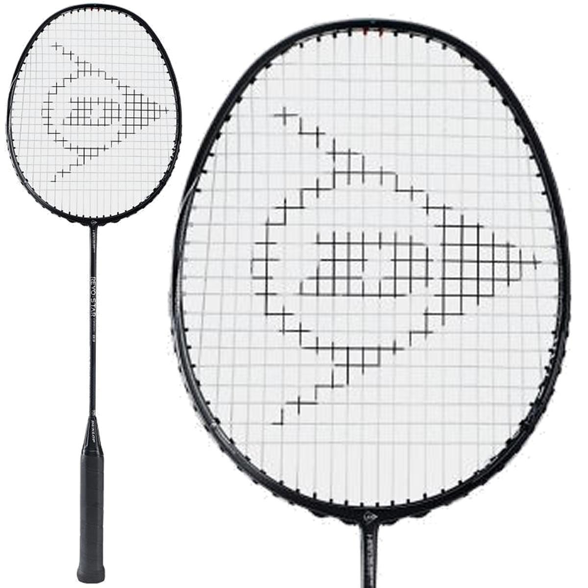 A close-up view of the Dunlop Revo Star Drive 83 Badminton Racket in black showcases its oval head and string pattern. Constructed from high modulus graphite, the strings feature a geometric design. The textured handle offers a secure grip, and the power grommet system boosts playability.