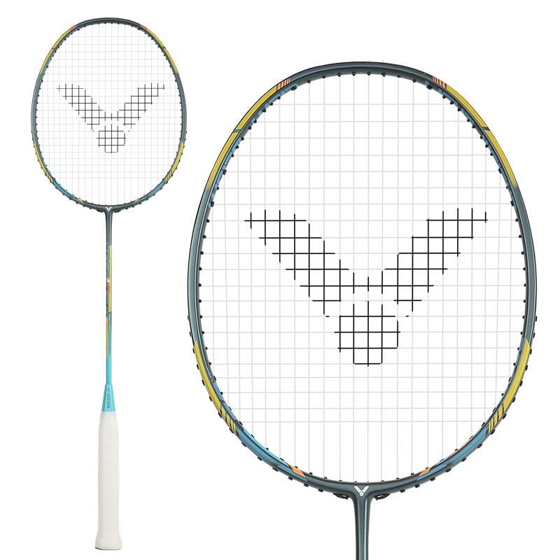 The Victor Thruster K70 U badminton racket from Victor features a striking blue and green frame, complemented by a white grip and black logo on the strings. Equipped with NANO TEC technology, the racket is presented from the front with a smaller side view displayed alongside it.