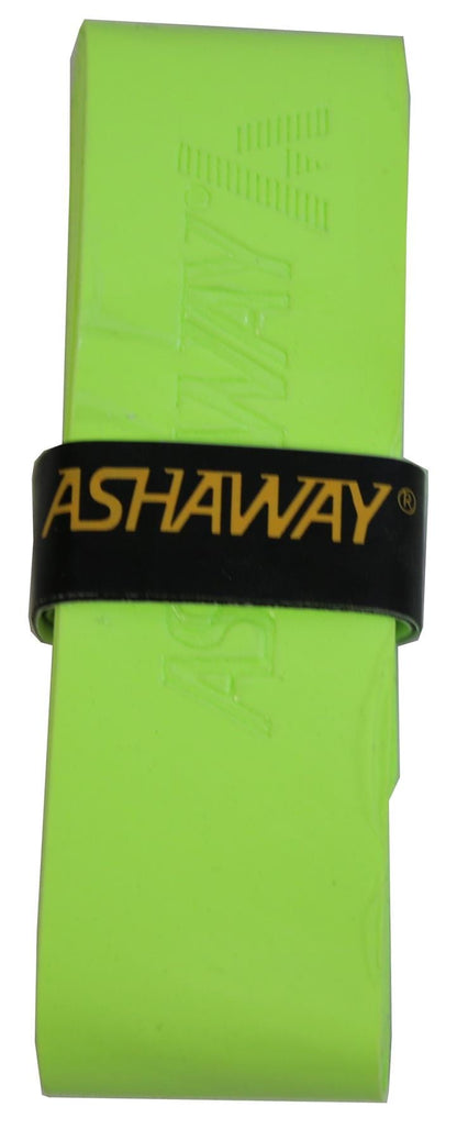 A fluorescent yellow block with "ASHAWAY" printed in black on a band around the center, featuring advanced GRIPIT Technology to enhance your racket's overgrip.