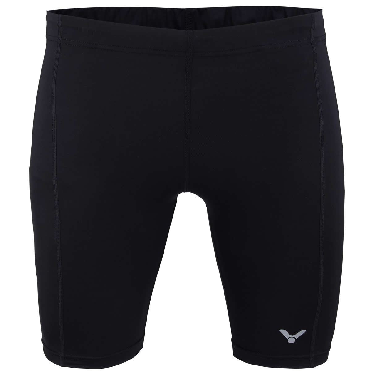 The Victor Badminton Compression Shorts uni Black 5718 by Victor are a pair of black athletic shorts, showcasing a small white logo near the bottom of the left leg against a white background. The smooth, fitted compression materials provide muscle stabilization and are perfect for enhancing blood circulation during sports or exercise.