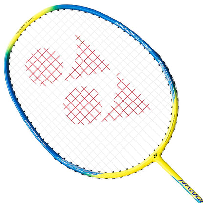 The Yonex Nanoflare 100 Badminton Racket - Blue Yellow from Yonex boasts a striking yellow to blue gradient frame complemented by white stringing. Its ISOMETRIC™ head shape highlights the red logo design, and the head light balance provides excellent maneuverability on the court.