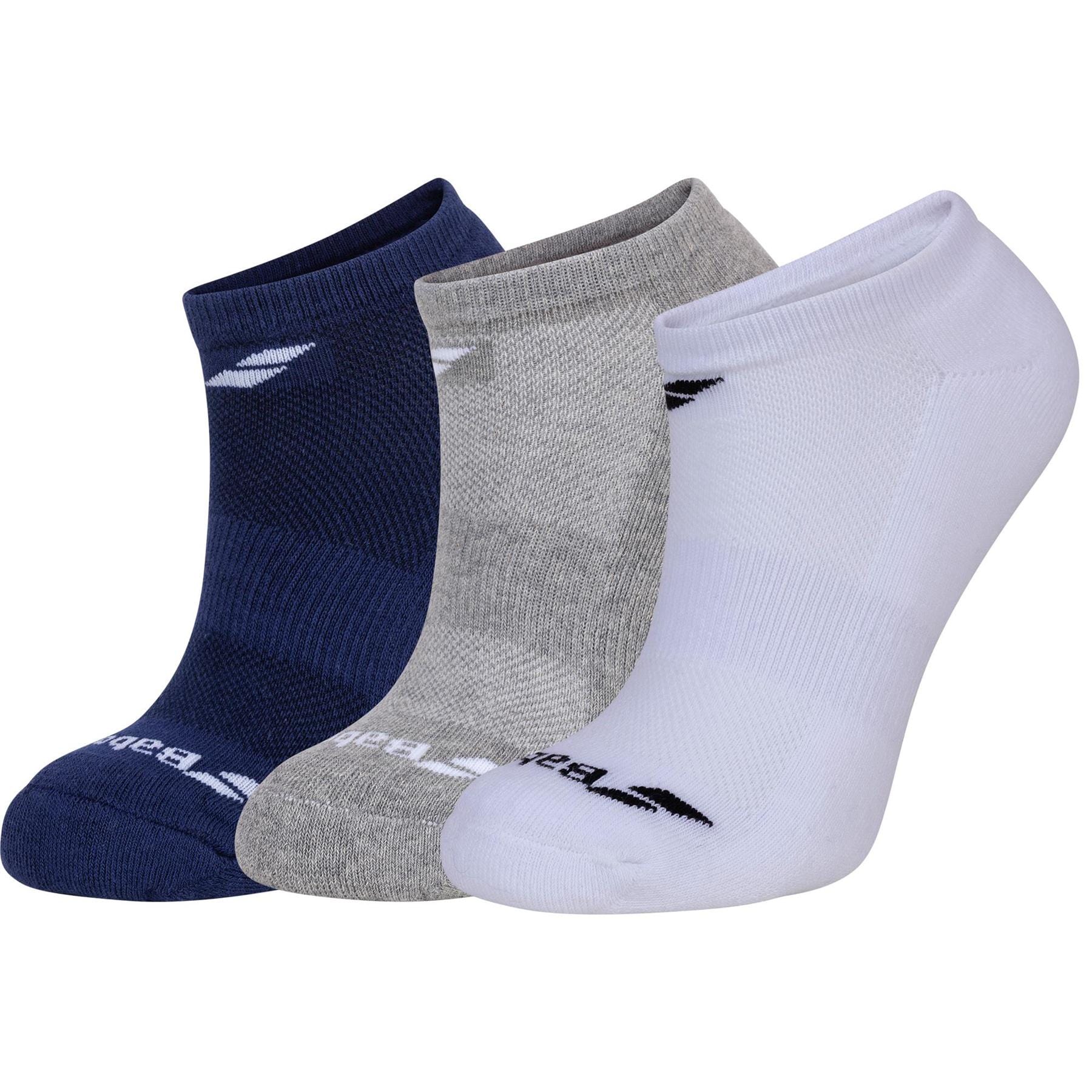 A set of three pairs of Babolat Invisible Badminton Trainer Socks, featuring one pair each in navy, gray, and white. Each sock is designed with a small logo near the ankle, a ribbed texture at the top, and ventilated areas to enhance comfort.