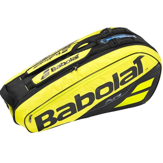 The Babolat Pure Line Badminton Racket Holder x6 in yellow and black includes a Thermoguard compartment, ideal for safeguarding your equipment.