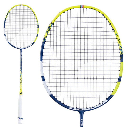 The Babolat X-Feel Origin Lite Badminton Racket - Blue Yellow by Babolat showcases a blue and yellow frame, complemented by white strings and a white grip. Offered in two perspectives—a full view and a close-up of the head—it emphasizes its flexible shaft, designed to enhance play with its lightweight construction.