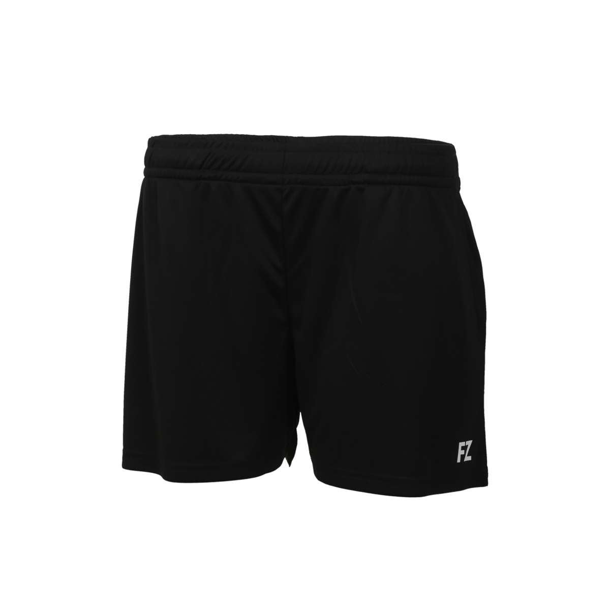 The FZ Forza Layla Black Badminton Shorts from FZ Forza feature a sleek design with an elastic waistband and a subtle white "FZ" logo on the lower right leg. Enhanced by DryForze technology for superior comfort and functionality, these shorts are ideal for both sports and casual wear.