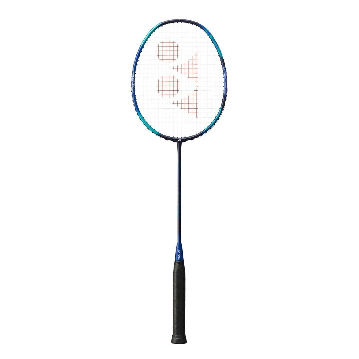 The Yonex Astrox 10 DG 4U badminton racket by Yonex features a navy blue and turquoise frame with a black handle, delivering a head-heavy balance. Its strings display a red logo with triangular and circular motifs, contributing to its sleek and understated aesthetic.