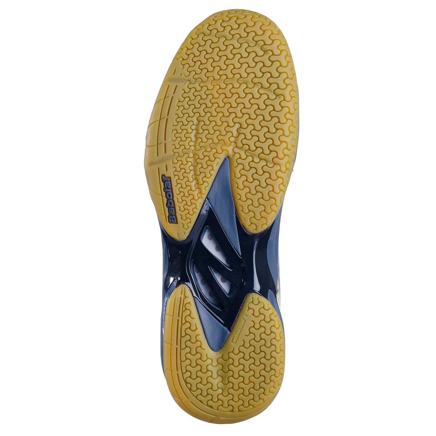 The image highlights the outsole of the Babolat Shadow Spirit Badminton Shoes - Black, showcasing a black base with a yellow, textured Michelin rubber grip. The wavy tread pattern is expertly crafted for optimal traction, while the Babolat logo is prominently placed near the heel area.