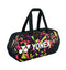 The Yonex 92231WEX Pro Tournament Bag - Smash Pink showcases a vibrant geometric design in pink, green, and yellow hues on a black background. Equipped with black handles, this professional-quality tournament-style bag is perfect for carrying sports equipment.