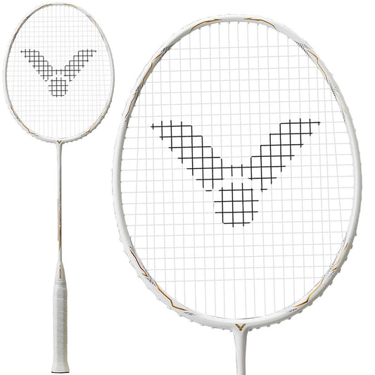 Introducing the Victor Thruster F Claw (Tai Tzu Ying) Badminton Racket by Victor, in a sleek white design. This racket boasts a distinctive logo on its strings. It is crafted with Pyrofil carbon fibre, providing powerful performance. It features a slim handle wrapped in white grip tape and displays intricate gold patterns on its Tri Formation frame.