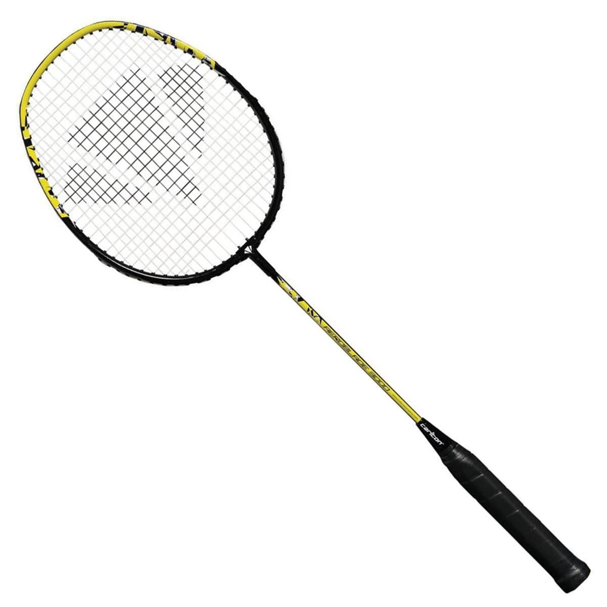 The Carlton Aeroblade 3000 Badminton Racket from Carlton is an ideal selection for novice players, showcasing a striking black and yellow design with a grid-like string pattern and a stylish black handle, all highlighted against a crisp white background.