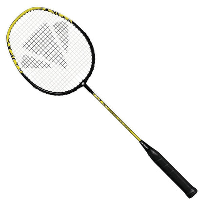 The Carlton Aeroblade 3000 Badminton Racket from Carlton is an ideal selection for novice players, showcasing a striking black and yellow design with a grid-like string pattern and a stylish black handle, all highlighted against a crisp white background.