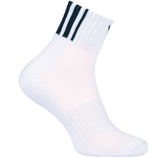 The Victor Badminton Summer Uni 09 Socks from Victor are white ankle socks with black stripes at the top edge, designed with a comfortable heel cushion and displayed in profile view.