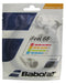 The packaging of the Babolat iFeel 68 Badminton 10m String Set in black prominently showcases a close-up view of the textured string. It features brand logos, color-coded tension indicators, dynamic player imagery, and clearly marks the string thickness at 0.68 mm for optimal performance.