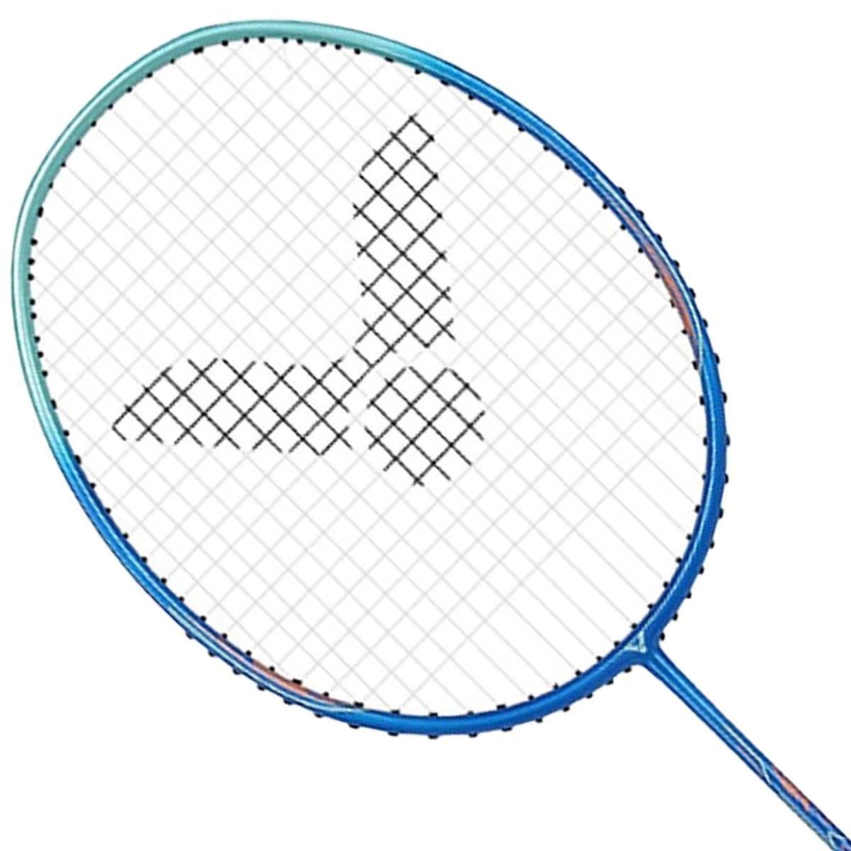 The Victor DriveX 09 M Badminton Racket by Victor is a gorgeous blue racket with medium flex. It showcases a sleek white mesh and a black design on the strings, all beautifully set against a simple white background.