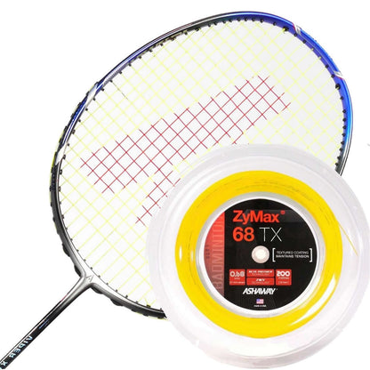 A badminton racket with a unique yellow and red stringing pattern is placed next to a reel of Ashaway Zymax 68 TX Badminton String in yellow. This 0.68mm, 200m spool features advanced ZyWeave string technology, with the packaging emphasizing its detailed specifications and the incorporation of BETA polymer fibers.