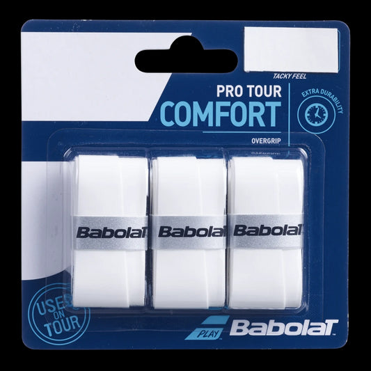 The Babolat Pro Tour X3 Comfort Badminton Overgrip in white is showcased, containing three overgrips suitable for both tennis and badminton rackets. The packaging highlights a tacky feel, excellent absorption, and enhanced durability.