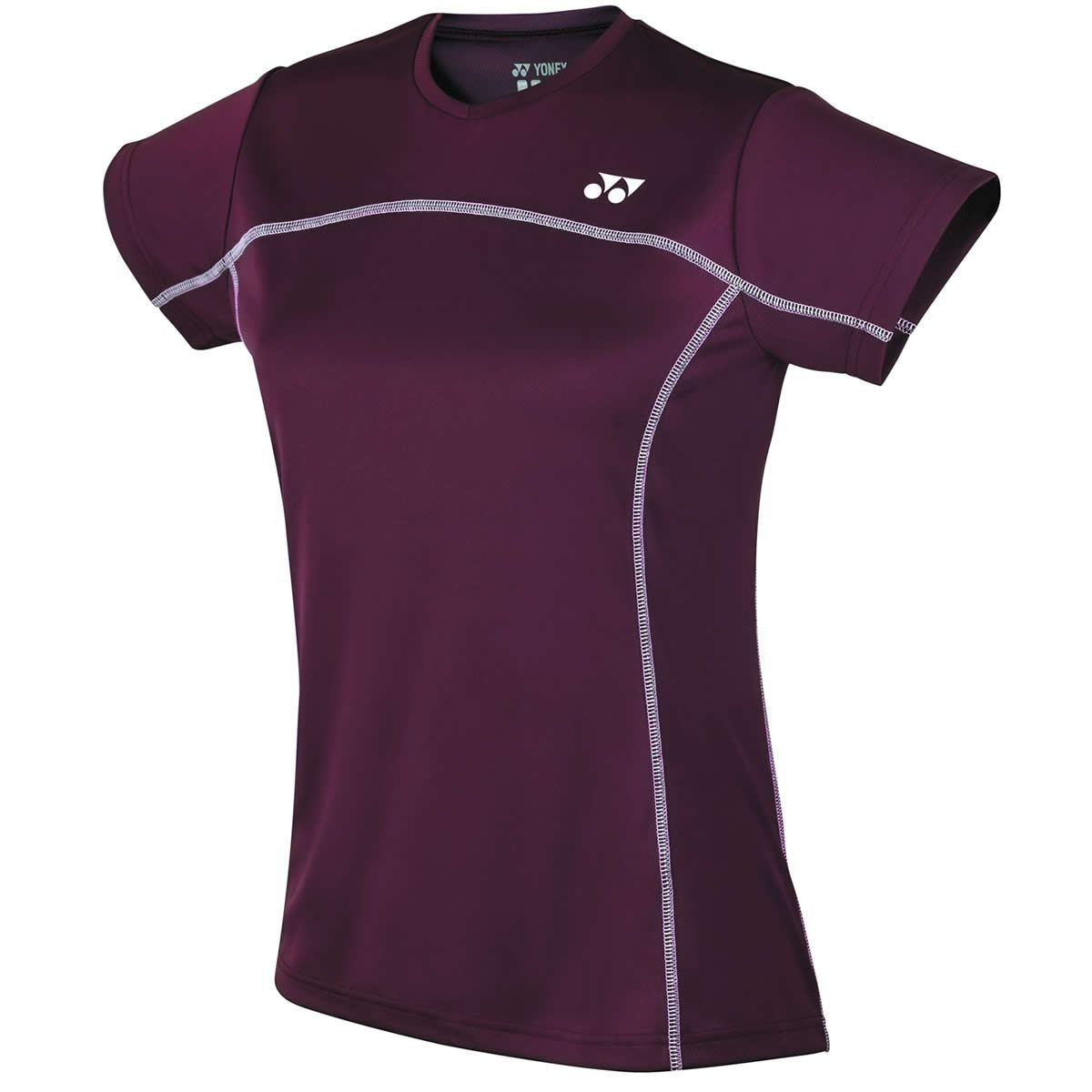 Introducing the Yonex YTL1 Burgundy Team Ladies/Womens Badminton T-Shirt. This athletic t-shirt, crafted by Yonex, features quick-drying fabric and short sleeves with white stitching accents. A small white logo is displayed on the upper left side of the chest, providing both style and excellent sweat absorbency for your intense matches.