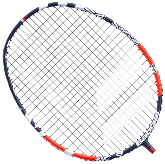 A badminton racket with a white and black design, featuring a red accent similar to the Babolat Prime Blast LTD. The strings are tightly woven for shot optimization, with "Babolat" visible on the frame. The racket stands out against a plain white background.