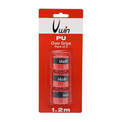 The red packaging prominently displays a trio of pink Uwin Badminton Overgrips, each inscribed with the brand name "Uwin." These overgrips are designed to offer outstanding comfort for your racket. The package contains three grips, each with a length of 1.2 meters.