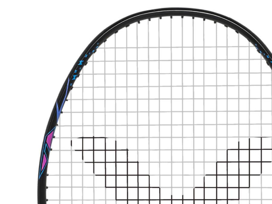 Close-up of a badminton racket head, displaying black strings creating a logo. The frame, perfect for intermediate-level club players, is primarily black with purple and blue highlights. The image highlights the top half of the Victor Auraspeed 9000 C Badminton Racket (Frame Only) - Black, showcasing its innovative free core technology.