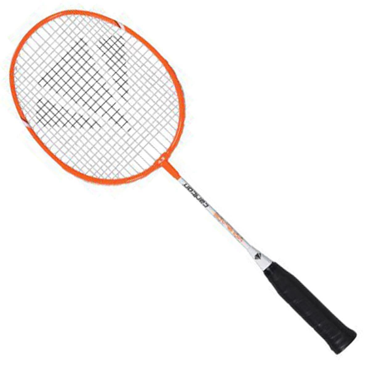 This image showcases the Carlton Midi-Blade ISO 4.3 Junior Badminton Racket, featuring a vibrant orange and white color scheme with a black grip. Ideal for junior beginners, it sports a checkered string pattern and an oval-shaped frame. The shaft is adorned with the sleek Carlton branding near the handle.