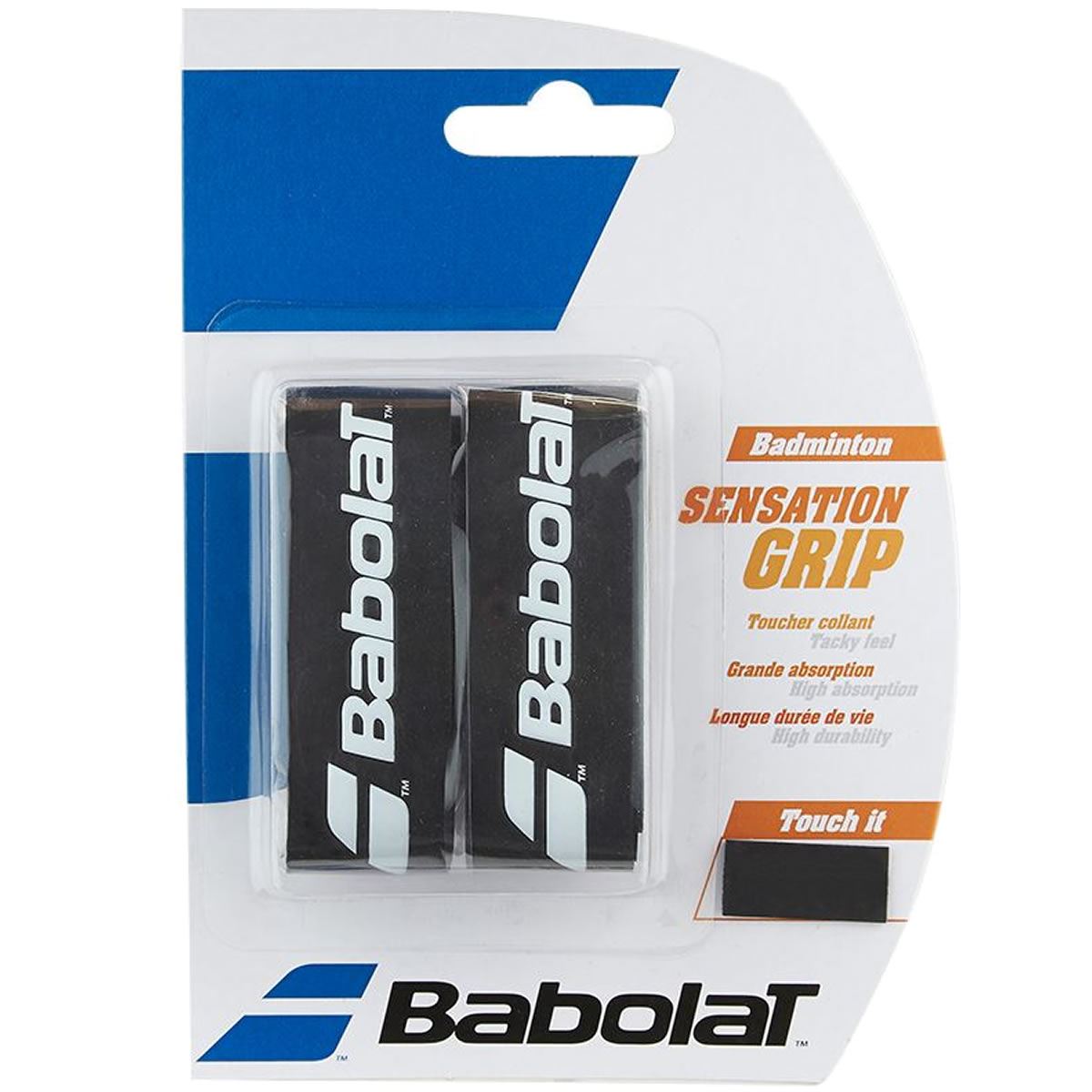 The Babolat Badminton Grip Sensation - Black - 2 Pack includes two black tacky grip tapes, with packaging that emphasizes features such as "Grande absorption" and "Longue durée de vie," perfect for high-quality match play. The Babolat logo is prominently showcased.