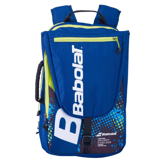 The Babolat Tournament 365 Badminton Racket Bag in navy blue and green offers a sleek design, highlighted by a white logo on the front. Ideal for carrying badminton rackets, this racket bag includes multiple zippered compartments and padded shoulder straps for enhanced comfort.