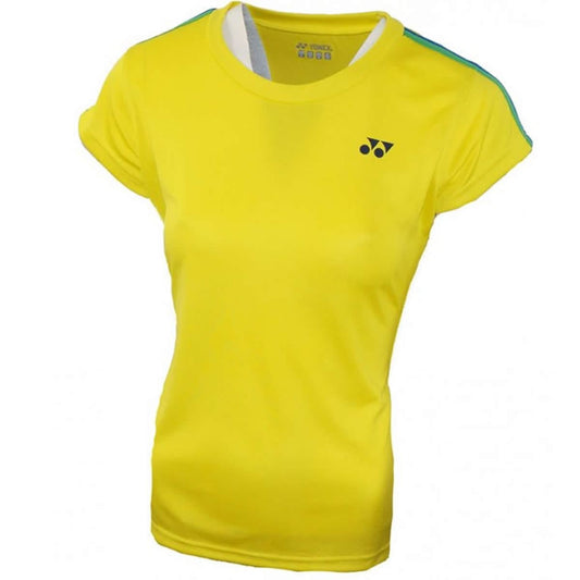 The Yonex YT1005EX Yellow Women's Badminton T-Shirt is a vibrant choice for the court, featuring short sleeves with a green stripe across the top. Made from 100% polyester, it provides lightweight comfort and displays a subtle black logo on the front. The shirt is presented against a plain white background.