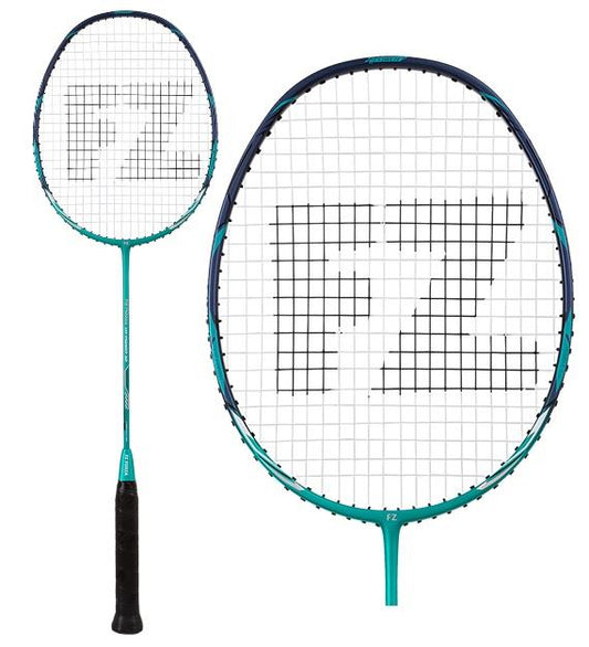 A Teal Green badminton racket with a black handle is showcased, ideal for intermediate to advanced players. The FZ Forza HT Power 32 design prominently displays the "FZ" logo at the center of its strings, supporting a maximum tension of 32lbs. The image captures both the entire racket and a detailed view of the head.