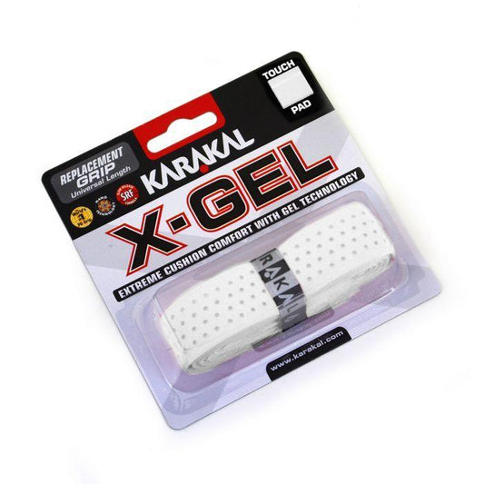 The packaging of the Karakal X-GEL Replacement Badminton Grip in white emphasizes "Extremely Cushioned Comfort with Gel Technology" and assures an extended grip lifespan. The grip is white and perforated, displaying a prominent logo along with clear product details.