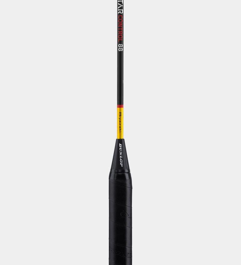 Close-up of a black badminton racket handle with a "Dunlop" logo. The shaft showcases a vibrant design in black, red, and yellow colors featuring "Z-Star Control 88." Ideal for advanced level players, the grip is textured and wrapped in black material. Sonic Core Infinergy technology ensures top-tier performance against a plain white background.