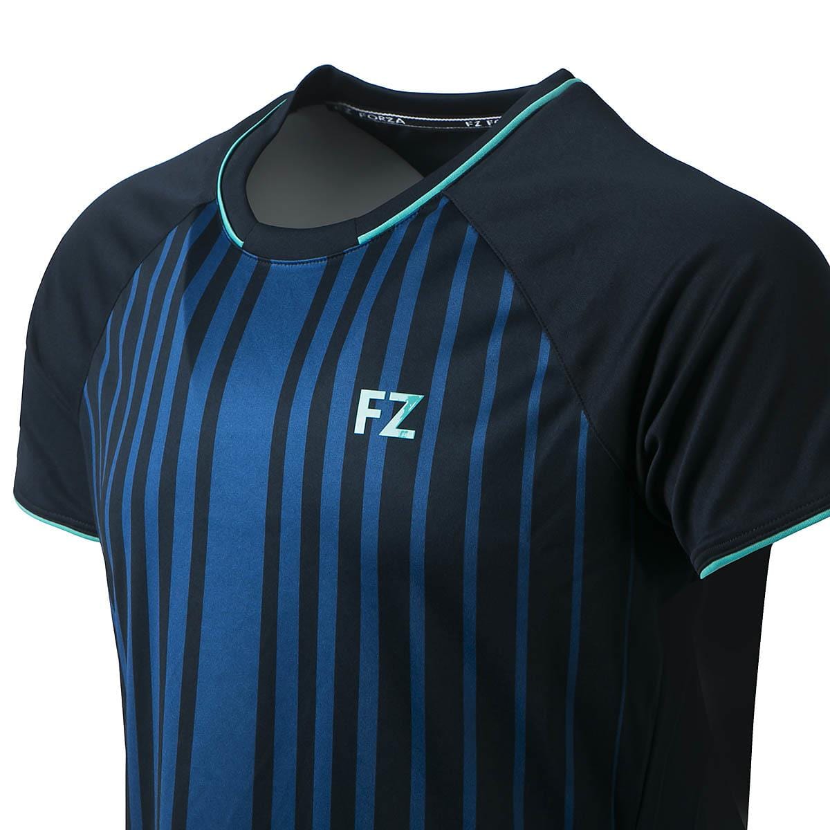 The FZ Forza Seolin Men's Badminton T-Shirt in Sapphire Blue features a black and blue striped design with short sleeves and green accents. Designed for quick-drying performance, this shirt showcases the brand's Dryforze technology, with "FZ" printed on the chest for enhanced comfort during play.