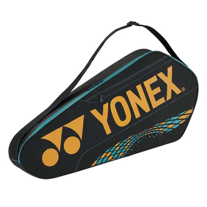 A stunning Yonex 42123EX Team 3 Piece Badminton Racket Bag in Camel Gold, elegantly designed with a turquoise zipper and strap. It prominently features a large orange Yonex logo and an eye-catching decorative pattern in turquoise and orange on the side. Ideal for those who appreciate traveling light, this bag offers a perfect blend of style and practicality.