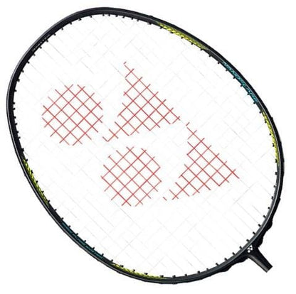 Close-up of a Yonex Nanoflare 500 Badminton Racket - Matt Black 4U featuring a black frame with red strings. The central area showcases a geometric pattern with two triangles and a circle, designed to enhance speed play.