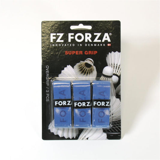 The packaging of the FZ Forza Super Grip Badminton Grip - 3 Pack - Blue showcases three blue grips neatly enclosed in a clear plastic case. The background design, adorned with close-up images of shuttlecocks, adds to the aesthetic while improving your racket grip during each match.