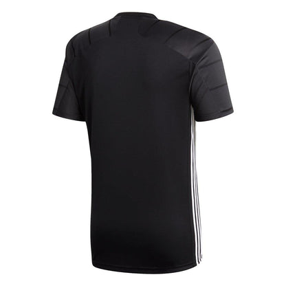 The Adidas Campeon 21 Men's SS Jersey T-Shirt in black showcases a solid back and delicate textured patterns on the shoulders. It incorporates moisture-absorbing AEROREADY technology, with white stripes running down the sides under the arms for a streamlined look against a simple white background.