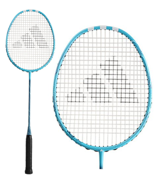 The Adidas Spieler E-Aktiv 1 4U SS badminton racket, in a refreshing mint color, features a black grip and is presented against a white background. Its string bed prominently displays a central logo pattern. Designed as an all-round racket, it offers head light balance for enhanced maneuverability and precision.