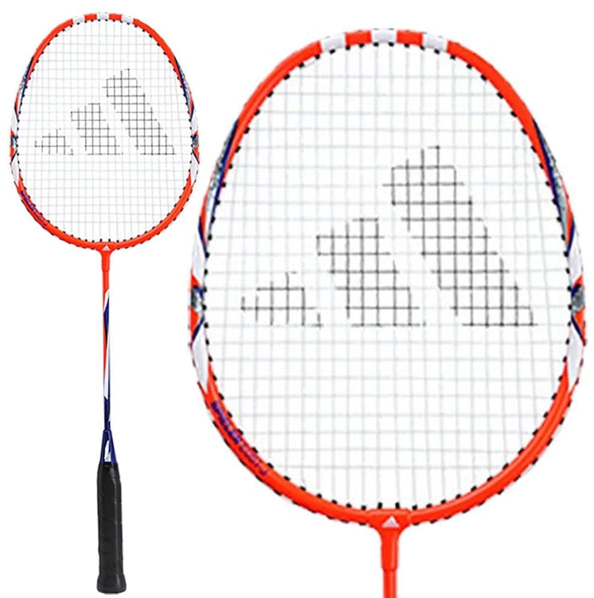 The Adidas Spieler E-Series E05.1 Junior Badminton Racket, featuring an orange frame and a black grip, is ideal for younger players. Its strings form a pattern that resembles a stylized logo, visible in both full view and close-up of the head.