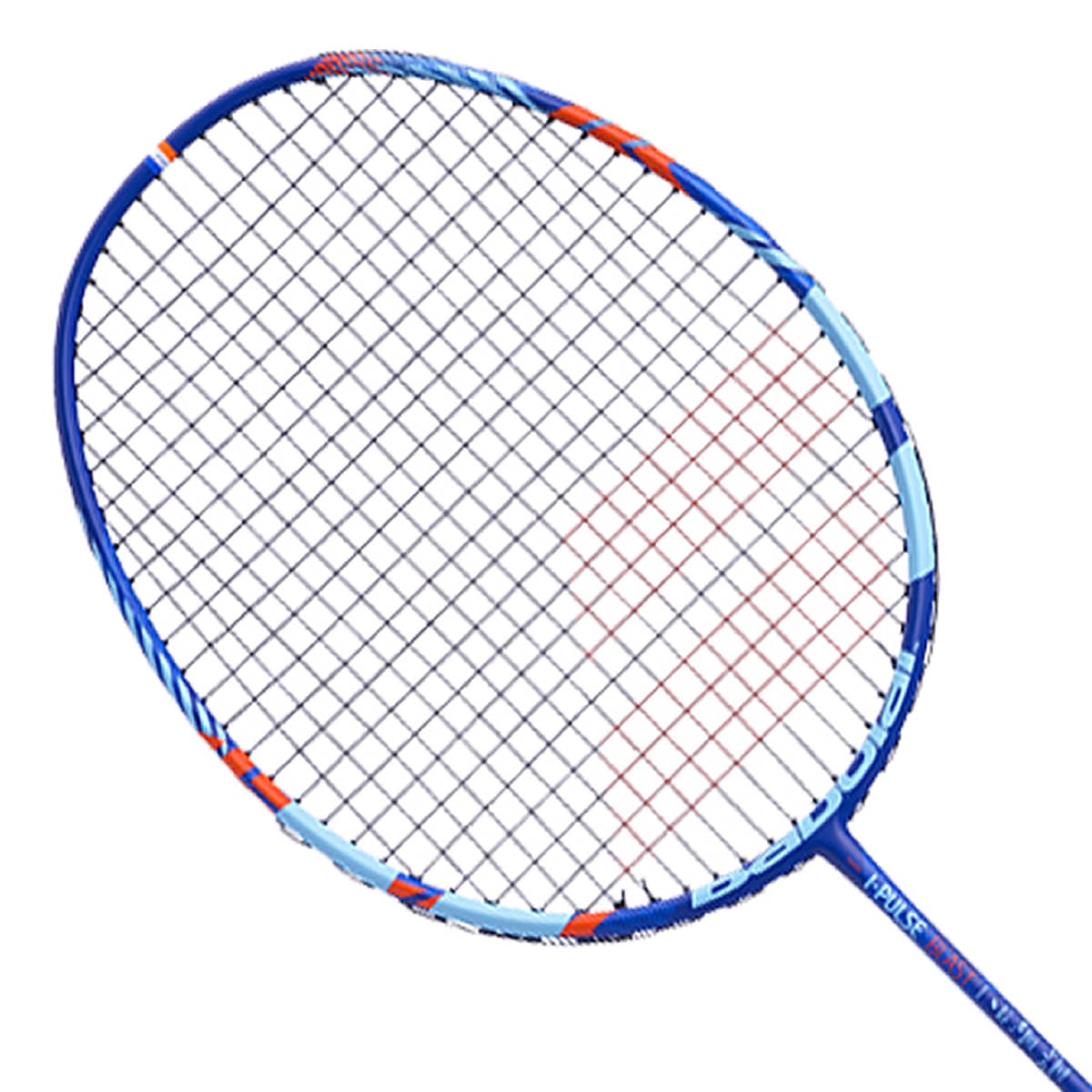 Close-up of the Babolat I-Pulse Blast Badminton Racket in a sleek mix of blue shades, ideal for offensive players. The racket boasts I-PULSE BLAST technology and an ULTRA AERO FRAME design, featuring a distinctive white and red string pattern.