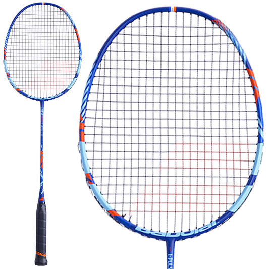 Close-up of the Babolat I-Pulse Blast badminton racket in blue and red, showcasing red and white accents. Designed for offensive players, it features a dark grip handle, a tightly-strung net, and an ULTRA AERO FRAME. The plain white background emphasizes the racket's design and vibrant color details.