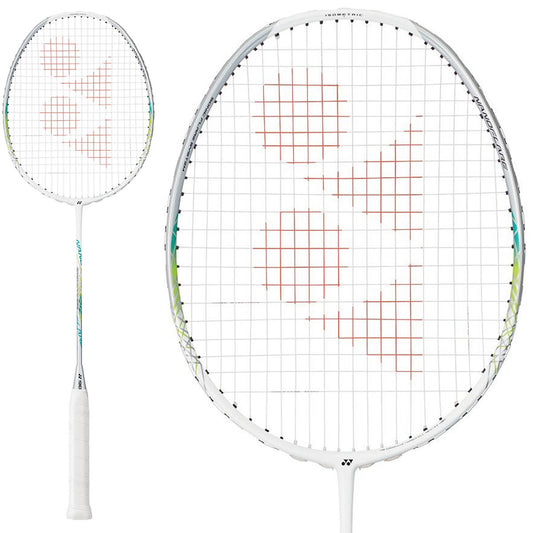 The Yonex Nanoflare 555 Badminton Racket - Matt White (4U), crafted by Yonex, is prominently featured against a white background. This headlight racket, perfect for speed play, flaunts a sleek design with a white handle and highlights a red emblem on the strings within its round head.