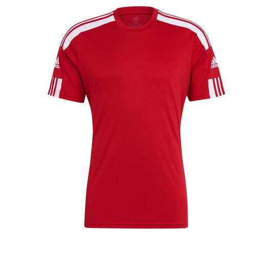 The Adidas Squadra 21 Men's Jersey T-Shirt in Power Red showcases classic white stripes along the shoulders and sleeves, featuring the adidas logo on both sleeves. Designed with simplicity and athleticism in mind, this jersey incorporates Aeroready Technology for enhanced comfort.