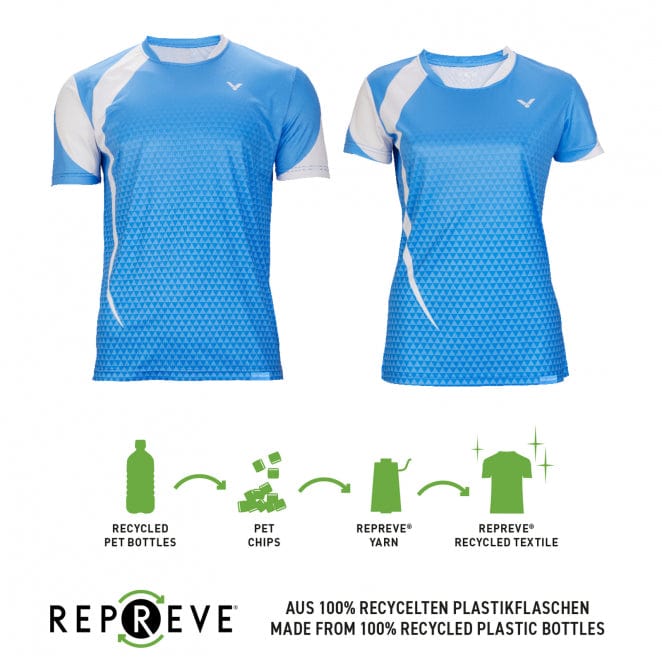 Two Victor Eco Series Women's Badminton T-Shirts, model T-04102 M in Blue/White, featuring a stylish geometric pattern. A diagram below demonstrates the recycling process: recycled PET bottles are transformed into PET chips, then spun into Repreve yarn, and finally woven into Repreve recycled textile. The text proudly states: "Made from 100% recycled plastic bottles." Embrace sustainability with these eco-friendly designs from Victor.