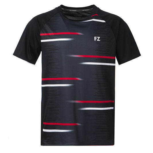 Check out the FZ Forza Moldavia Men's Badminton T-Shirt in black from FZ Forza, perfect for badminton enthusiasts. It showcases stylish horizontal red, white, and grey stripes on the front along with "FZ" initials on the chest. The shirt also features solid black sleeves and back and incorporates Dryforze technology to ensure maximum comfort.