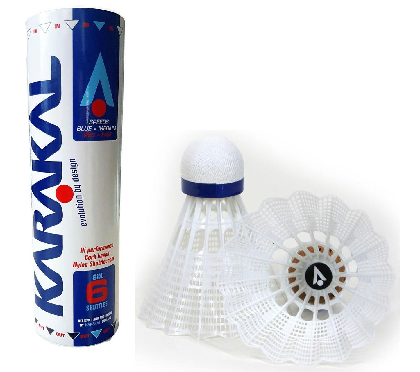 The Karakal National Natural Nylon Shuttlecocks - White Medium - Set of 6 features six shuttlecocks in a tube, each with a white design and blue accents, perfect for training and casual play. Two are shown outside the tube: one upright and another on its side, highlighting its natural cork base and feathered design.