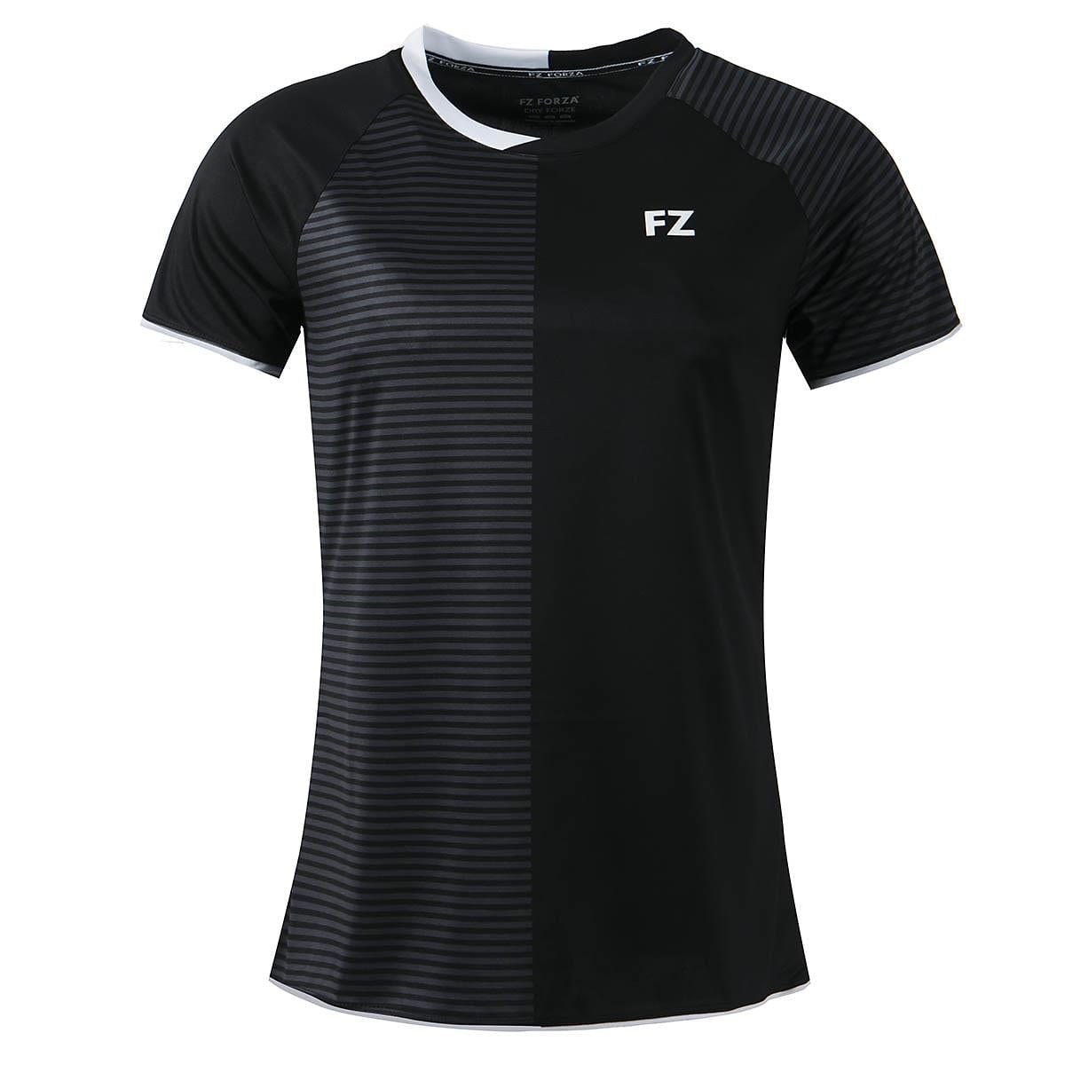 The FZ Forza Sazine Women's Badminton T-Shirt in black seamlessly blends style and functionality. It sports a striking design with horizontal stripes on the left side and a solid black on the right. A crisp white collar and a subtle "FZ" logo from FZ Forza adorn the chest, while its quick-drying fabric ensures you stay cool during any activity.